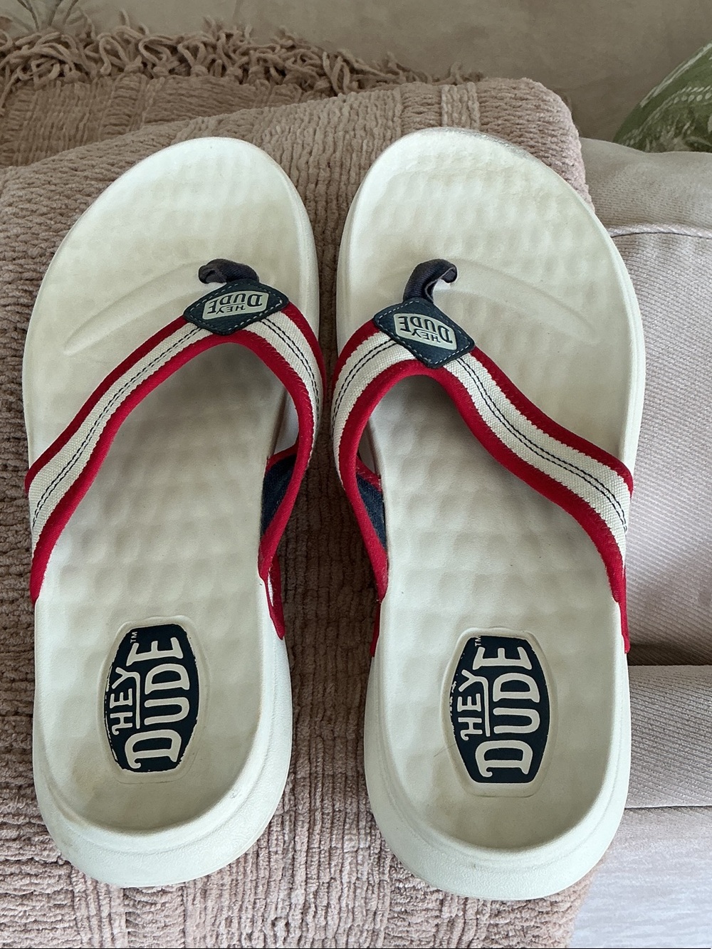 Hey Dude White Flip Flops with Red and Navy Straps